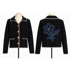 NWT Another Girl Cardigan M Black Organic Cotton Floral Back Embroidery